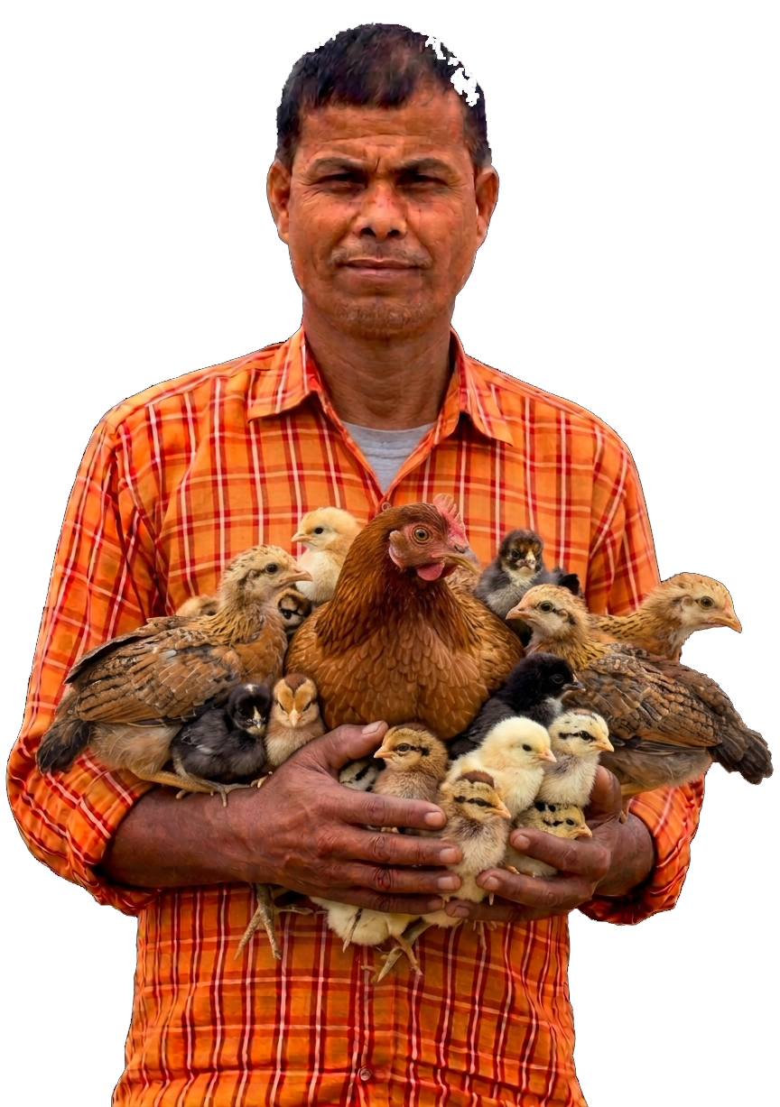 Farmer holding chickens and chicks